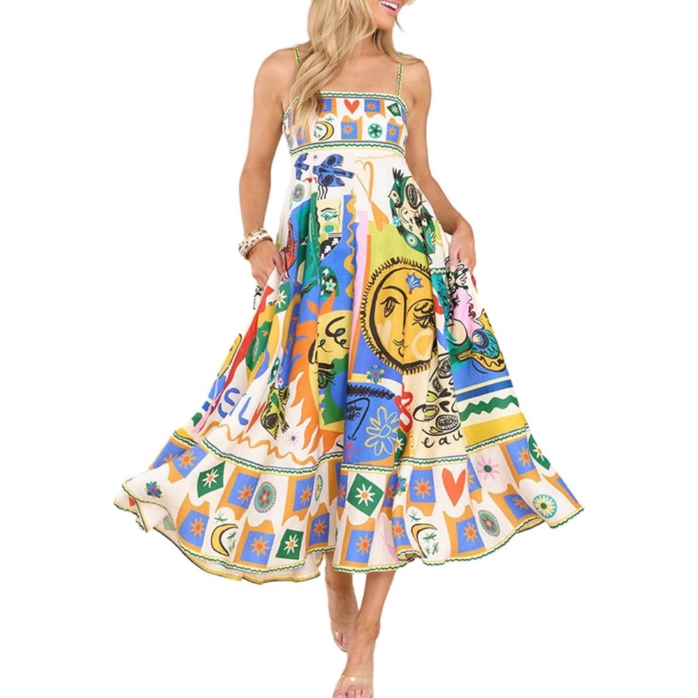 Womens Strap Flroal Print Maxi Dress Square Neck
